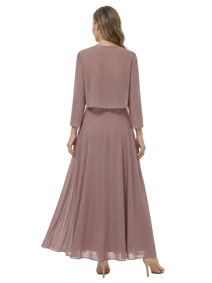 ChicSew Lace Bodice A-Line V-Neck Chiffon Long Sleeves Mother Of The Groom Dresses With Jacket