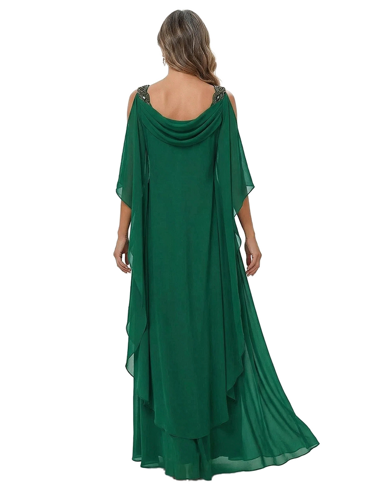 ChicSew Cowl Neck Cold Shoulder Beaded Detail Layered Ruffle Floor Length Chiffon Formal Mother Of The Bride And Groom Dresses