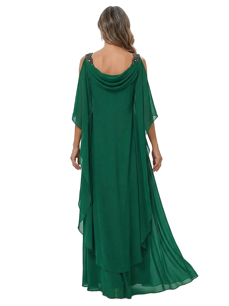 ChicSew Cowl Neck Cold Shoulder Beaded Detail Layered Ruffle Floor Length Chiffon Formal Mother Of The Bride And Groom Dresses