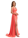 Elegant Silky Satin V-Neck Spaghetti Straps Mermaid Side Slit Ruched Long Bridesmaid Dresses Online