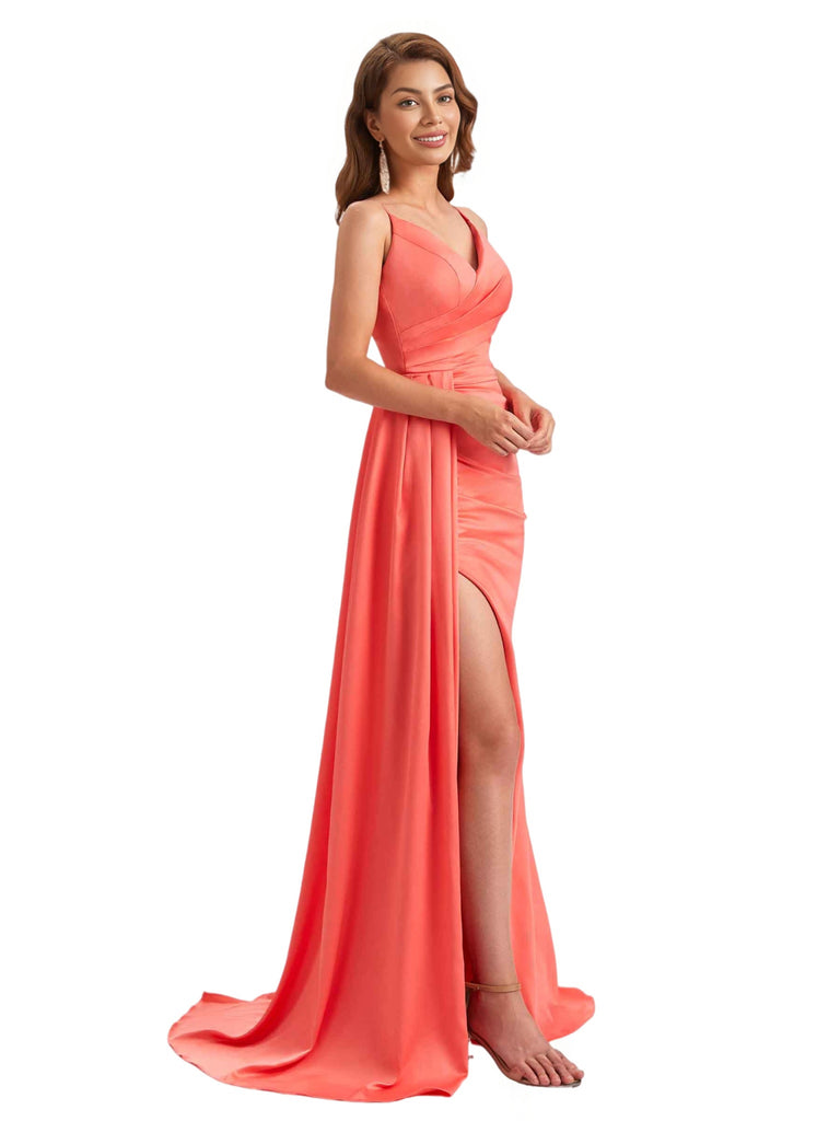 Elegant Silky Satin V-Neck Spaghetti Straps Mermaid Side Slit Ruched Long Bridesmaid Dresses Online