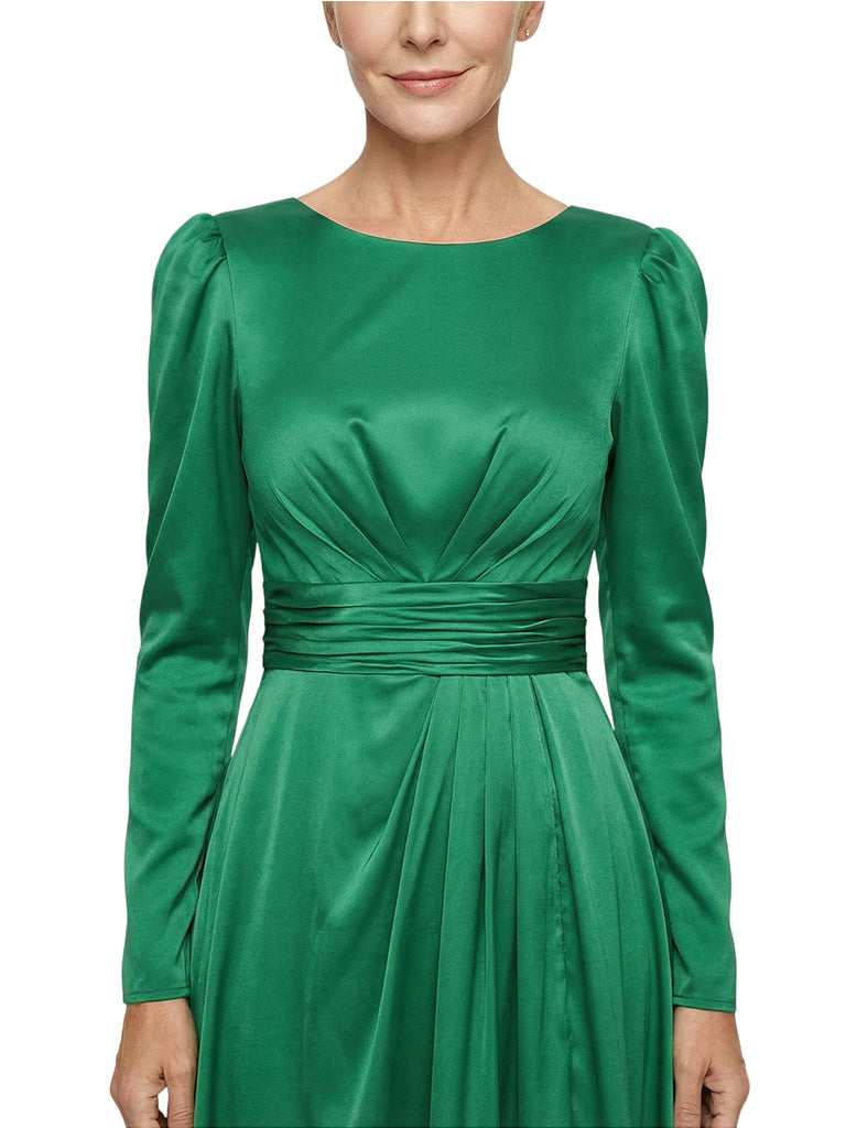 Modest Long Sleeves Scoop Neckline Satin Mother Of The Bride Gown