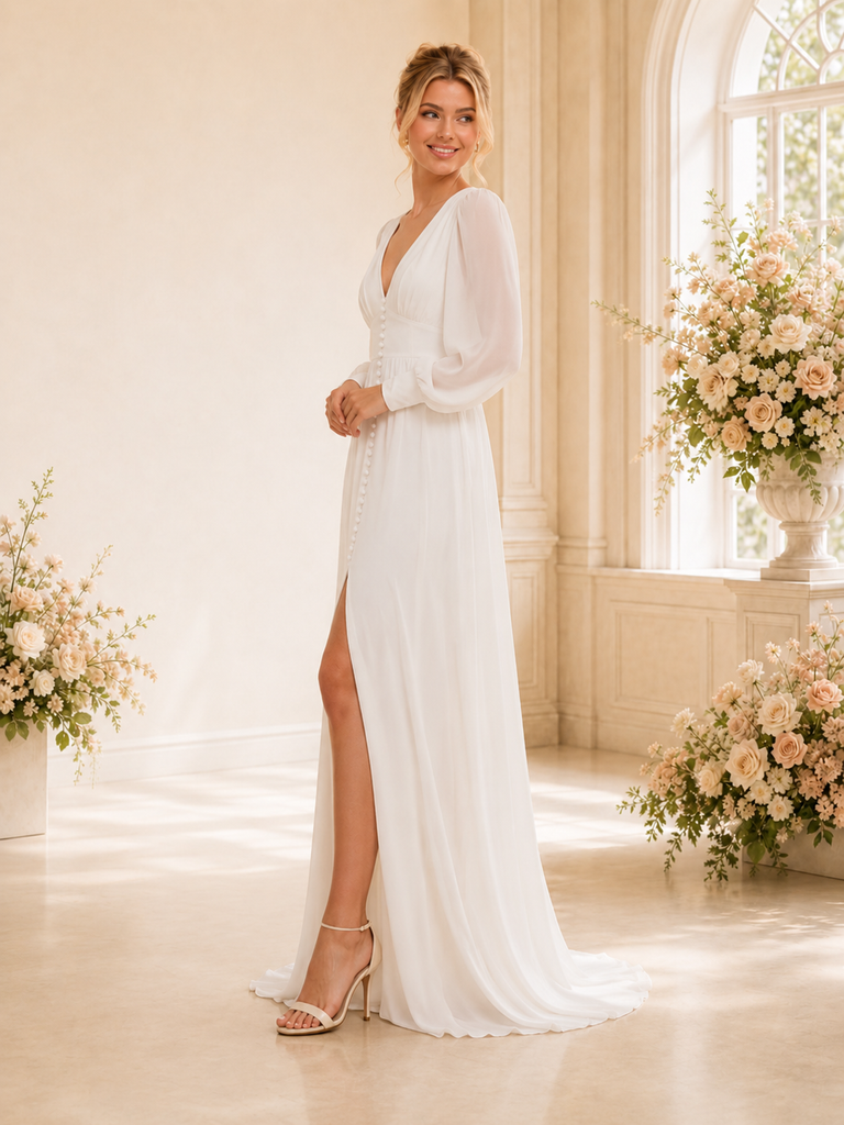 ChicSew Elegant V-Neck Long Sleeves A-Line Slit Chiffon Floor-Length Wedding Dresses