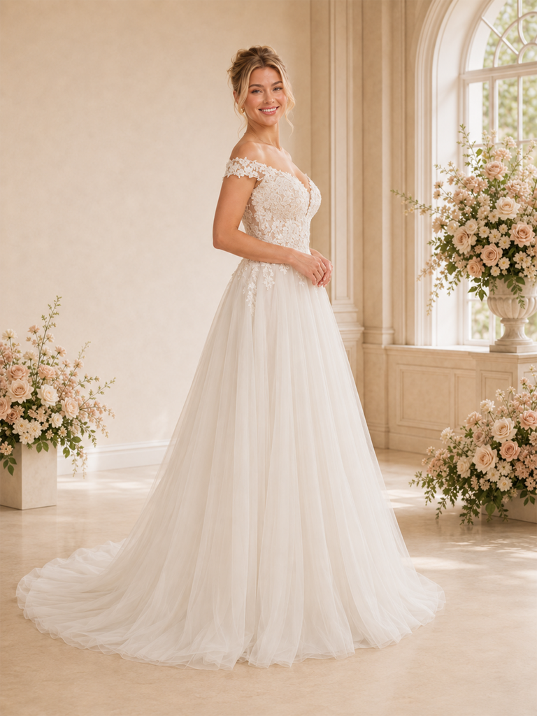 ChicSew Elegant Off The Shoulder V-Neck A-Line Floor-Length Lace Tulle Wedding Dresses