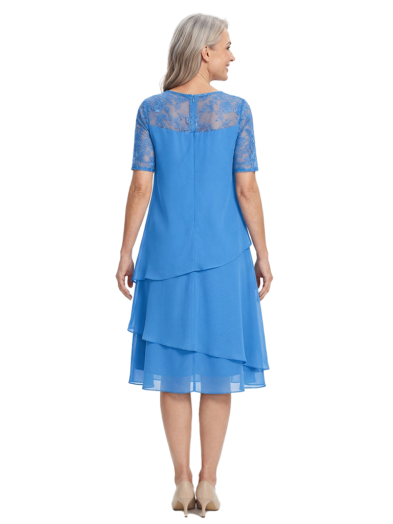 ChicSew Jewel Short Sleeve Lace Overlay Layered Chiffon Midi Length Casual Mother of the Bride Dresses