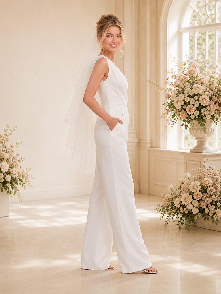ChicSew Morden Spaghetti Straps Ruching Crepe Floor-Length Wedding Jumpsuit