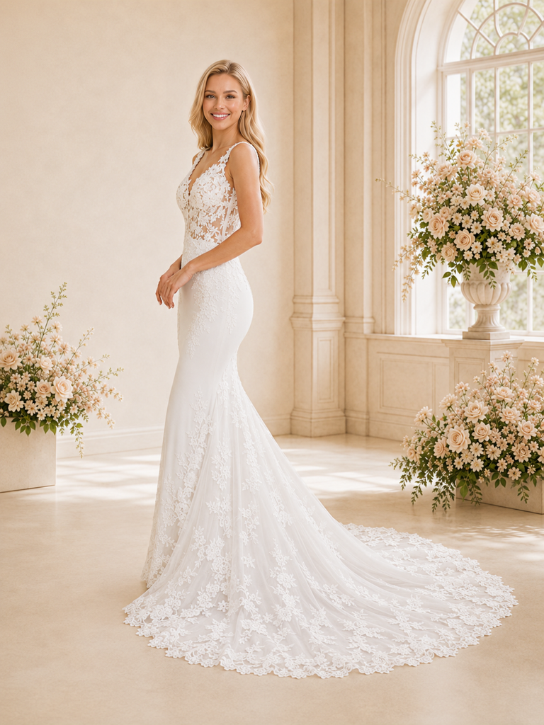 ChicSew Sexy V-Neck Mermaid Lace Applique Crepe Long Wedding Dress Open Back With Button