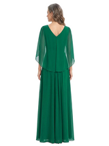 ChicSew V-Neck Cape Sleeve Ruched Waist Floor Length Chiffon Romantic Mom Of The Groom Dresses