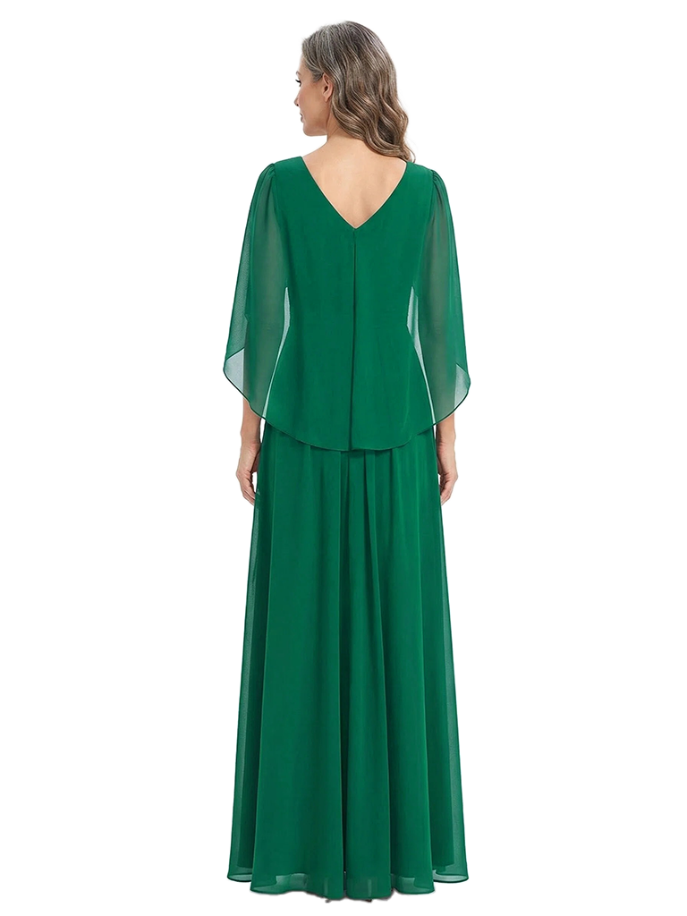 ChicSew V-Neck Cape Sleeve Ruched Waist Floor Length Chiffon Romantic Mom Of The Groom Dresses