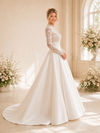 ChicSew Elegant Modern Lace Applique High Neck Long Sleeves Boning A-Line Floor-Length Satin Wedding Dress