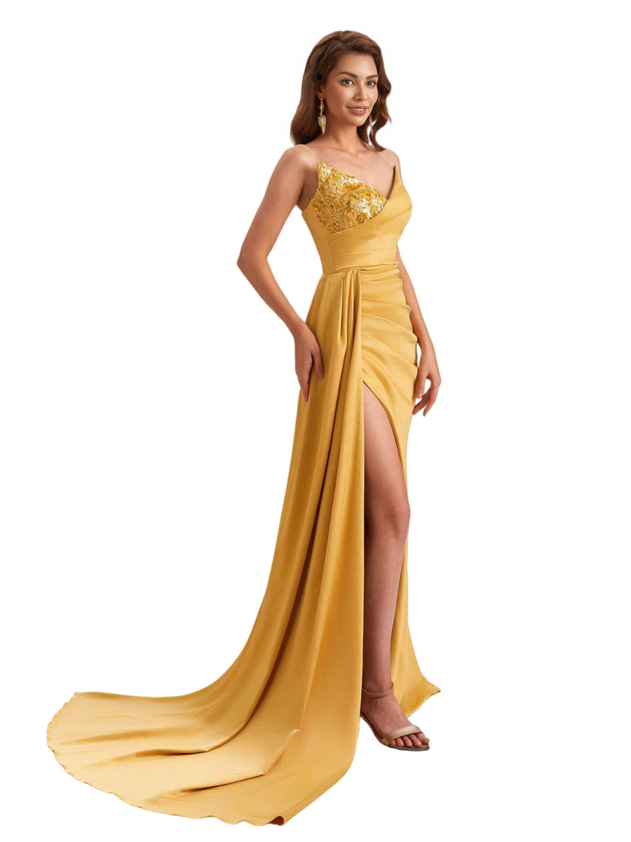 Unique Soft Satin Mermaid Sweetheart V-Neck Side Slit Long Bridesmaid Dresses Online