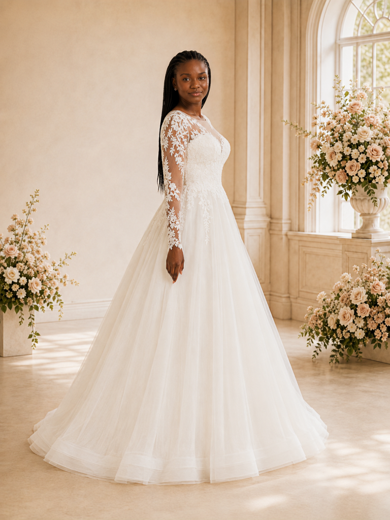 ChicSew Elegant A-Line Illusion Long Sleeves Lace Appliques Tulle Maxi Wedding Dress