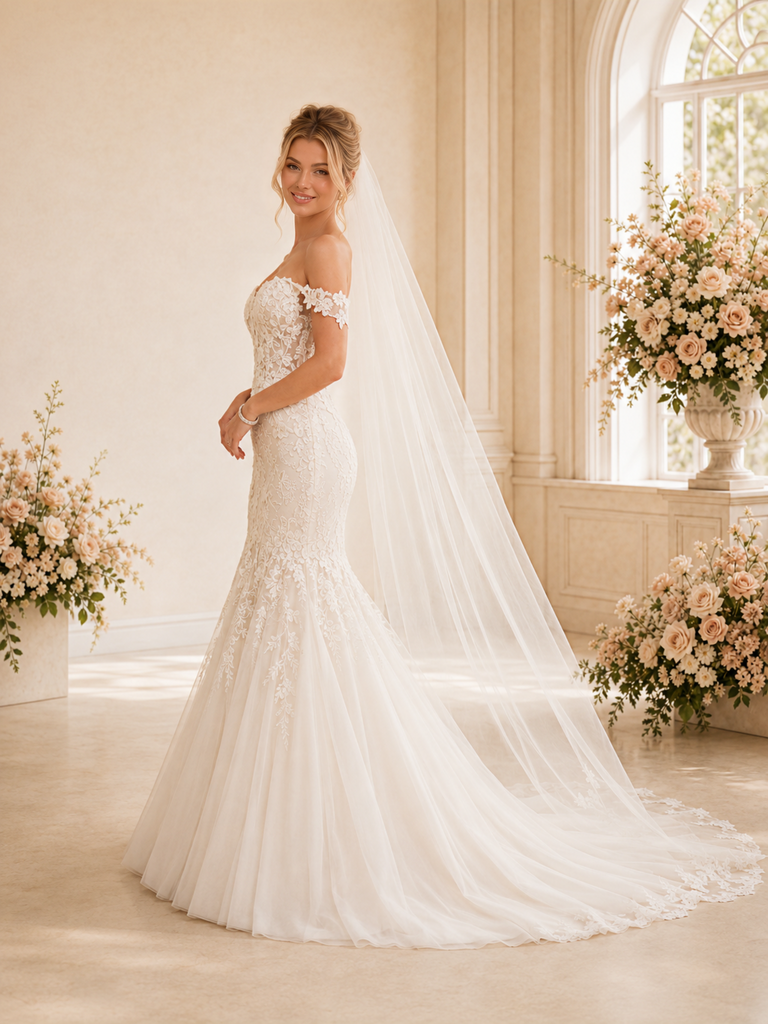 ChicSew Romantic Off Shoulder Mermaid Lace Tulle Floor-Length Wedding Dresses With Train