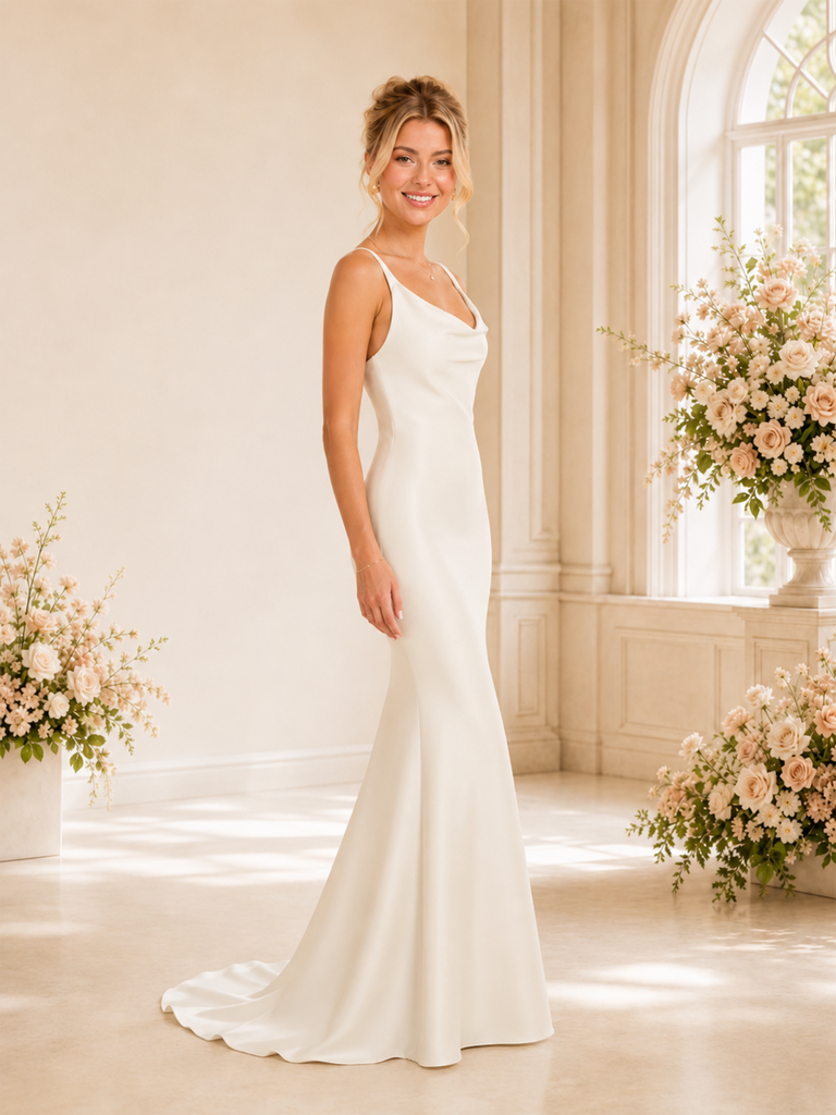 ChicSew Elegant Cowl Neck Mermaid Satin Maxi Long Wedding Dresses