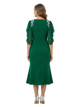 ChicSew Puff Sleeve Round Neck Beaded Tea-Length Mother Of The Bride Dresses Trendy Fit