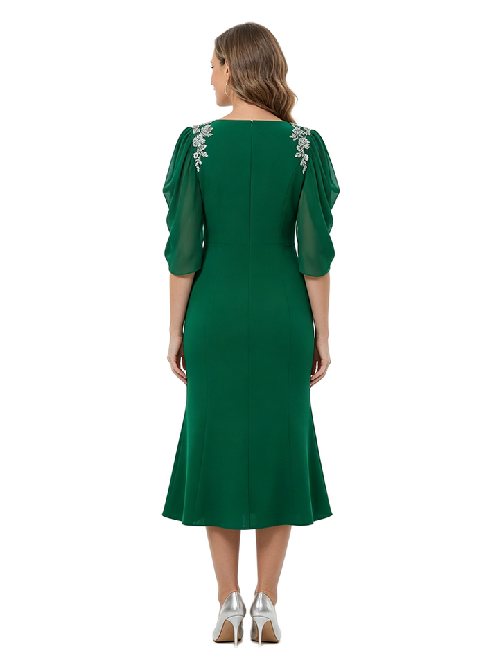 ChicSew Puff Sleeve Round Neck Beaded Tea-Length Mother Of The Bride Dresses Trendy Fit