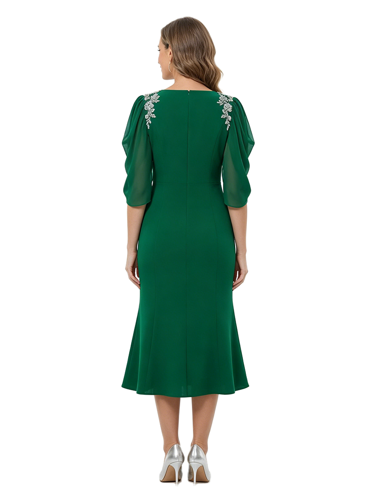 ChicSew Puff Sleeve Round Neck Beaded Tea-Length Mother Of The Bride Dresses Trendy Fit