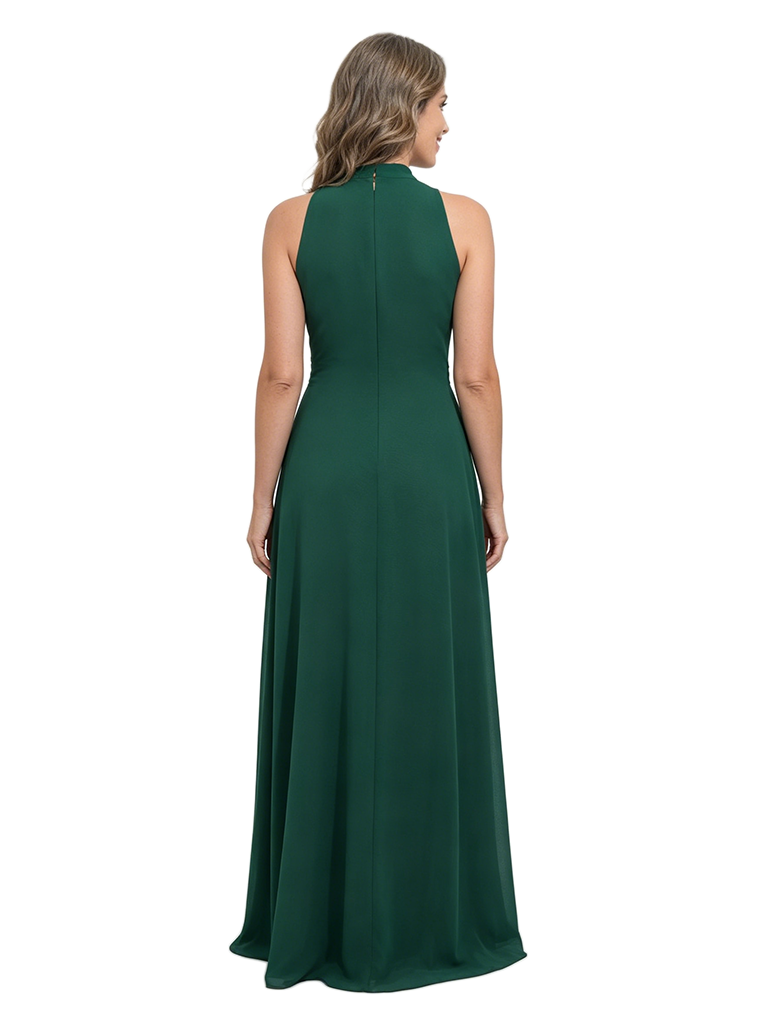 ChicSew High Neck Sleeveless Chiffon Floor Length A-Line Mother of The Bride Dress With Floral Waist Detail and Slit