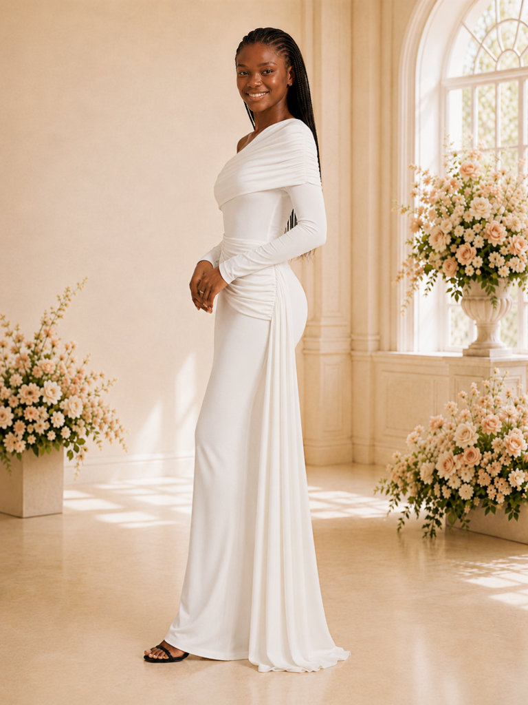 ChicSew Elegant Unique Asymmetrical Neck Crepe Long Sleeves Mermaid Floor-Length Wedding Dress