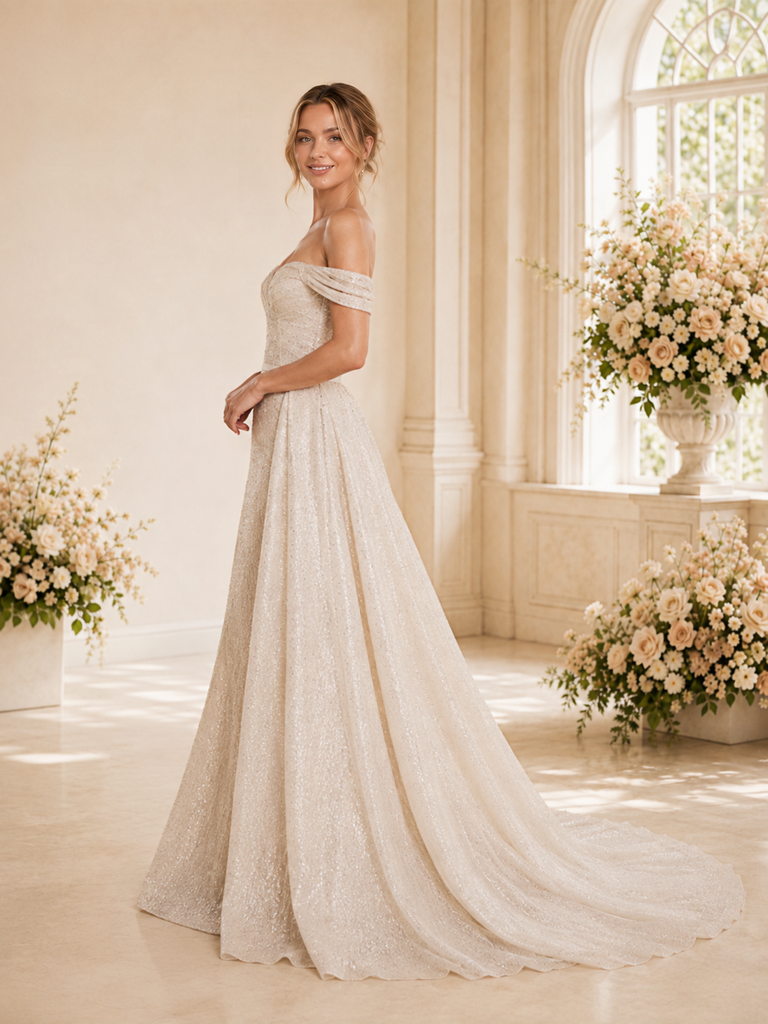 ChicSew Unique Fancy Off The Shoulder Glitter Tulle Mermaid Maxi Long Wedding Dress With Overskirt