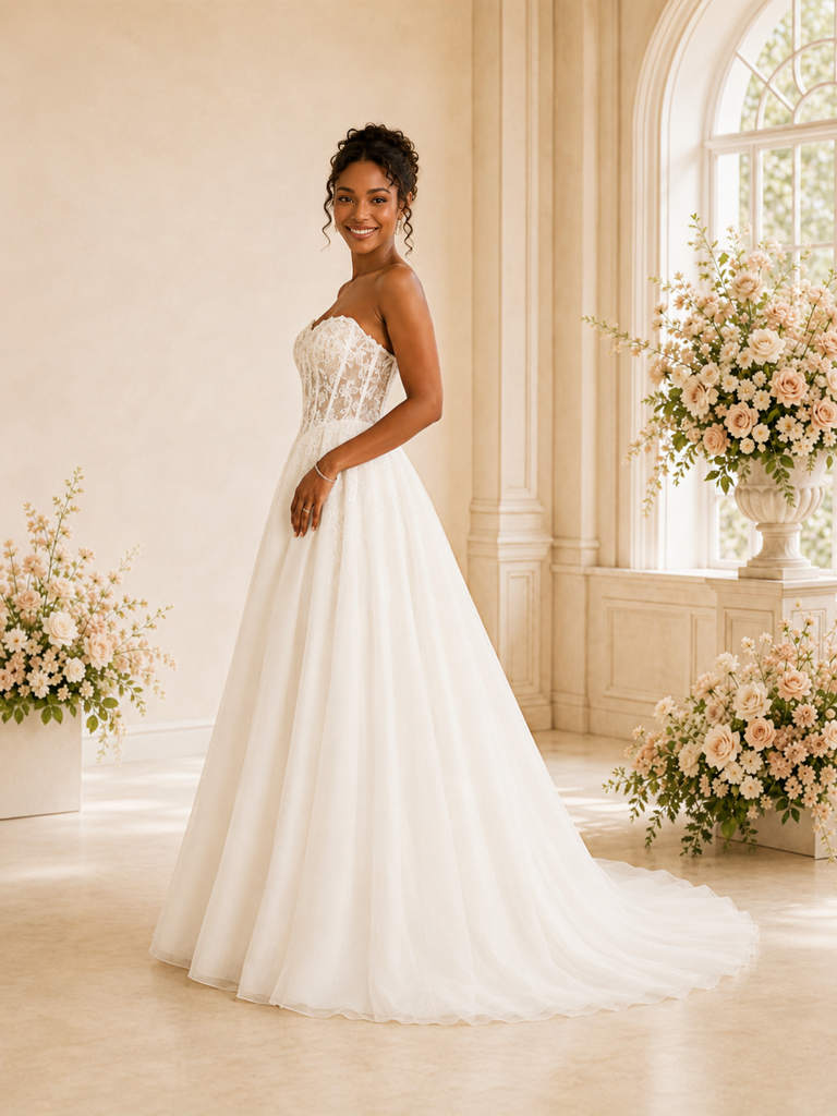 ChicSew Elegant Sweetheart Boning A-Line Lace Applique Tulle Maxi Wedding Dress