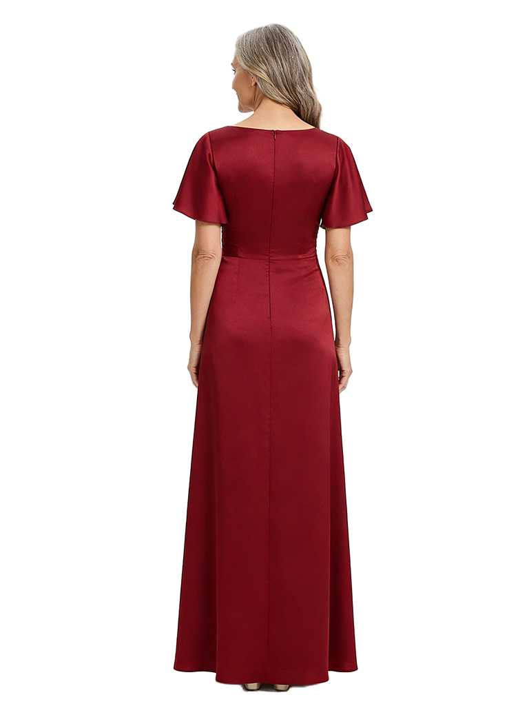 ChicSew Unique Asymmetrical Neckline Silky Satin Ruffle A-Line Mother Of The Bride Gown With Flutter Sleeves