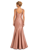 Chicsew Sexy Spaghetti Straps Floral Lace Appliqué Satin Unique Long Mermaid Bridesmaid Dresses