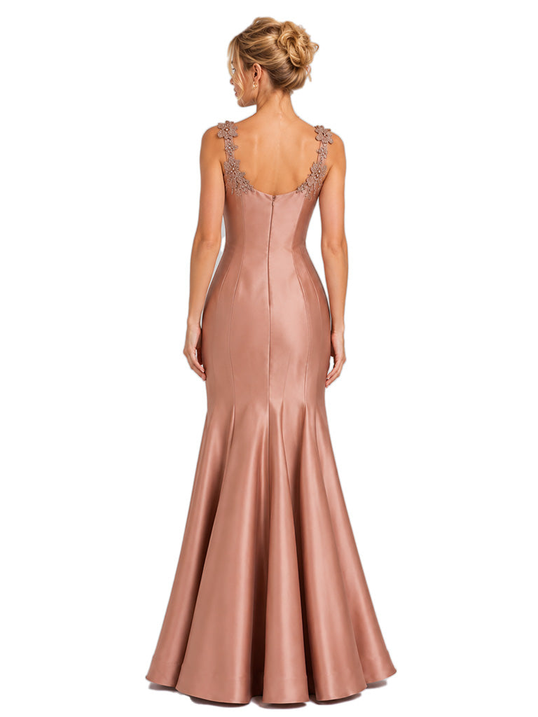 Chicsew Sexy Spaghetti Straps Floral Lace Appliqué Satin Unique Long Mermaid Bridesmaid Dresses