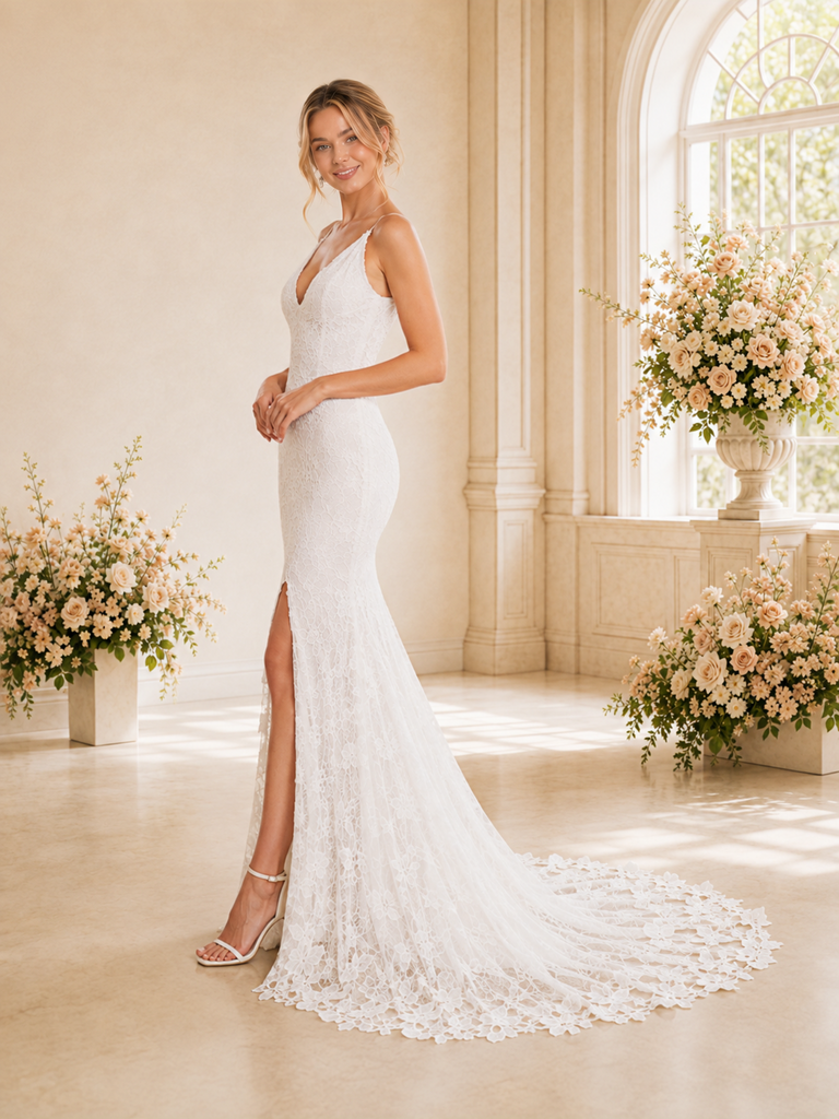 ChicSew Elegant Spaghetti Straps V-Neck Lace Floor-Length Wedding Dress With Side Slit