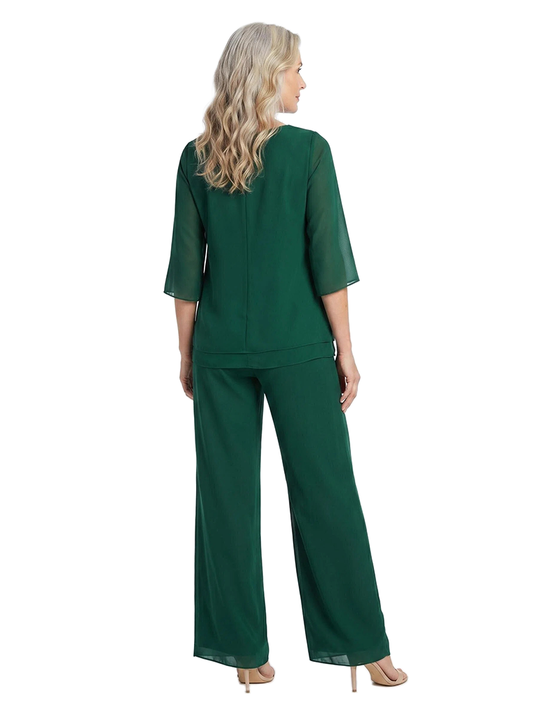 ChicSew Scoop 3/4 Sleeve Chiffon Two-Piece Mother of the Bride Pant Suit