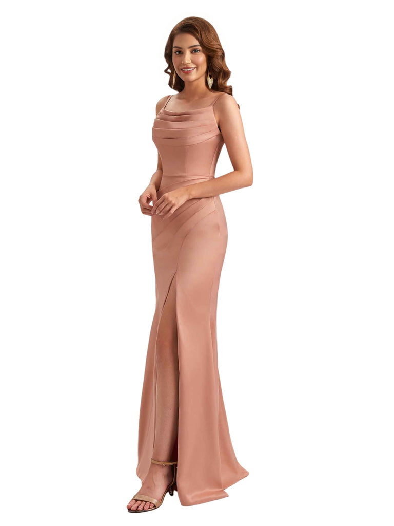 Elegant Silky Satin Spaghetti Straps Mermaid Side Slit Ruched Long Bridesmaid Dresses
