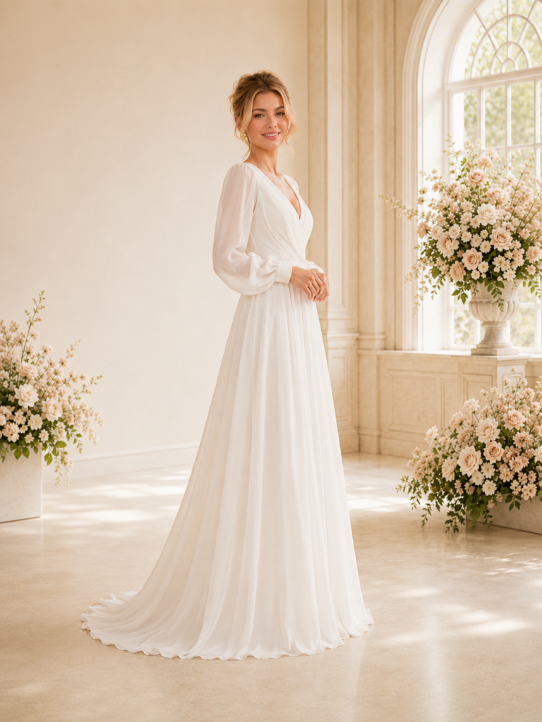ChicSew Elegant V-Neck Long Sleeves Ruching A-Line Chiffon Floor-Length Wedding Dress