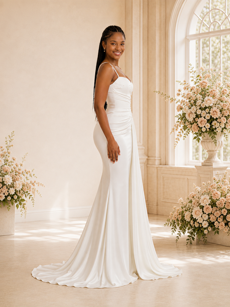 ChicSew Fancy Spaghetti Straps Satin Beaded Mermaid Floor-Length Wedding Dress
