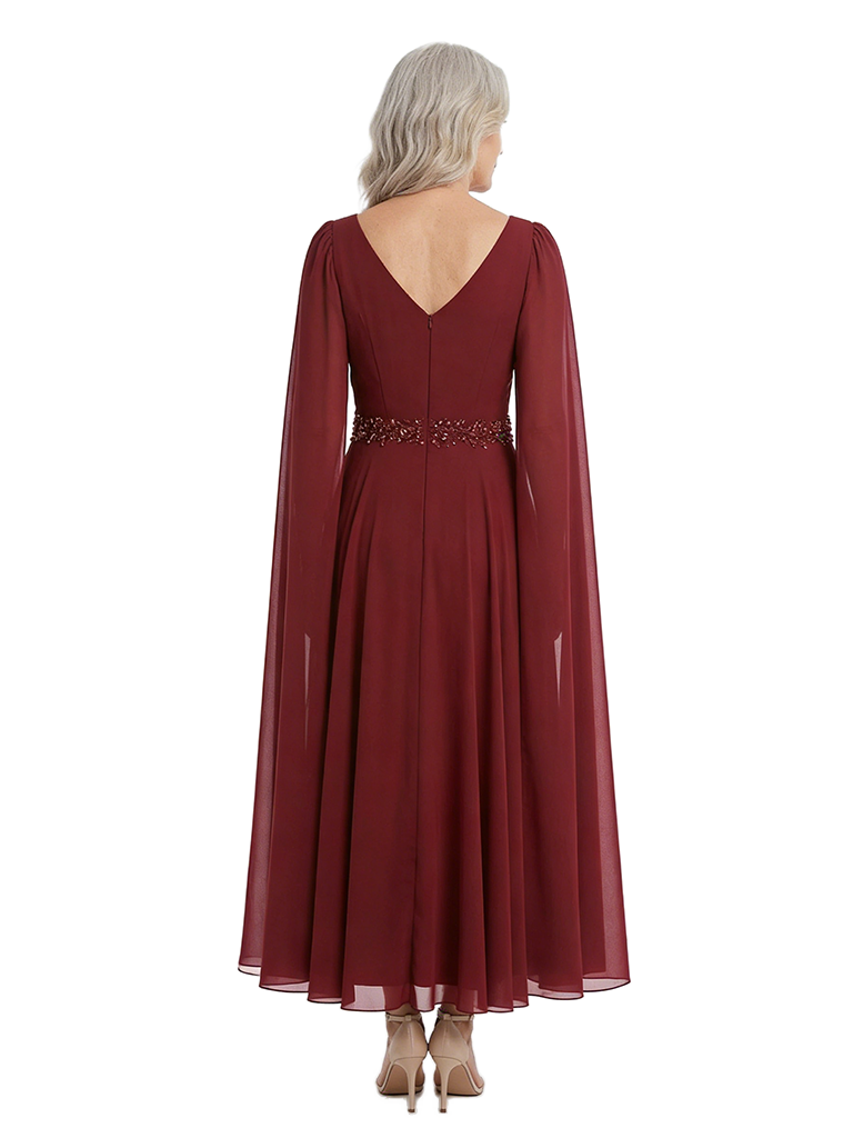 ChicSew V-Neck Cape Sleeve Beaded Tea Length Chiffon Formal Mother Of The Bride Groom Dresses