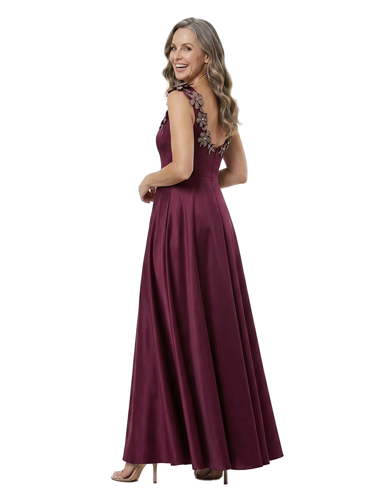 ChicSew Square Appliqué Satin Mother of the Bride Dress A‑Line Ankle Length Formal Evening Gown