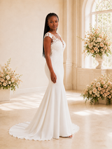 ChicSew Elegant V-Neck Lace Applique Crepe Mermaid Maxi Long Wedding Dress