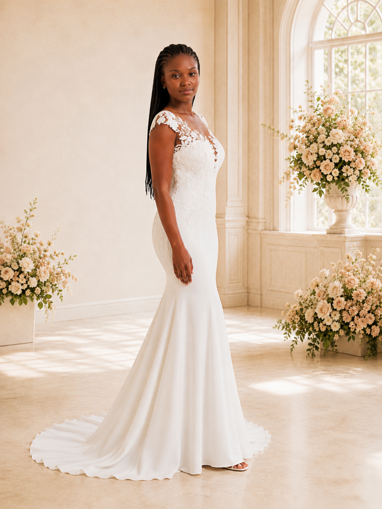 ChicSew Elegant V-Neck Lace Applique Crepe Mermaid Maxi Long Wedding Dress