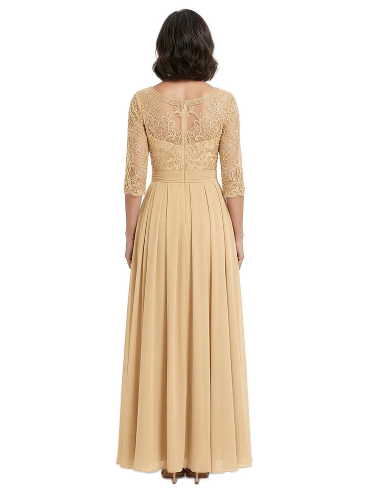 ChicSew Scoop Long Sleeve Beaded Lace Ruched Waist Floor Length Chiffon Elegant Mother of the Bride Dresses