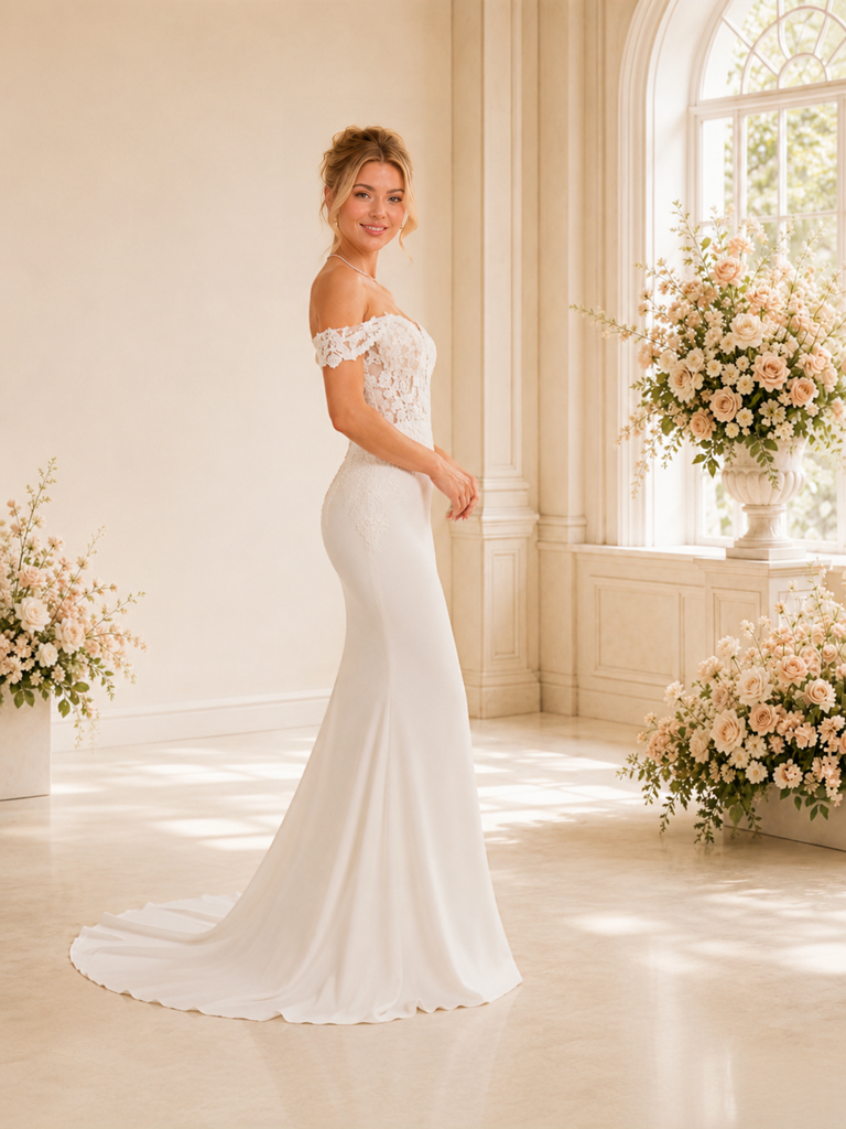 Chicsew Fancy Off The Shoulder Mermaid Sleeveless Lace Crepe Wedding Dress