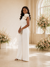 ChicSew Modern Elegant One Shoulder Crepe Floor-Length Wedding Jumpsuit With Floral Applique