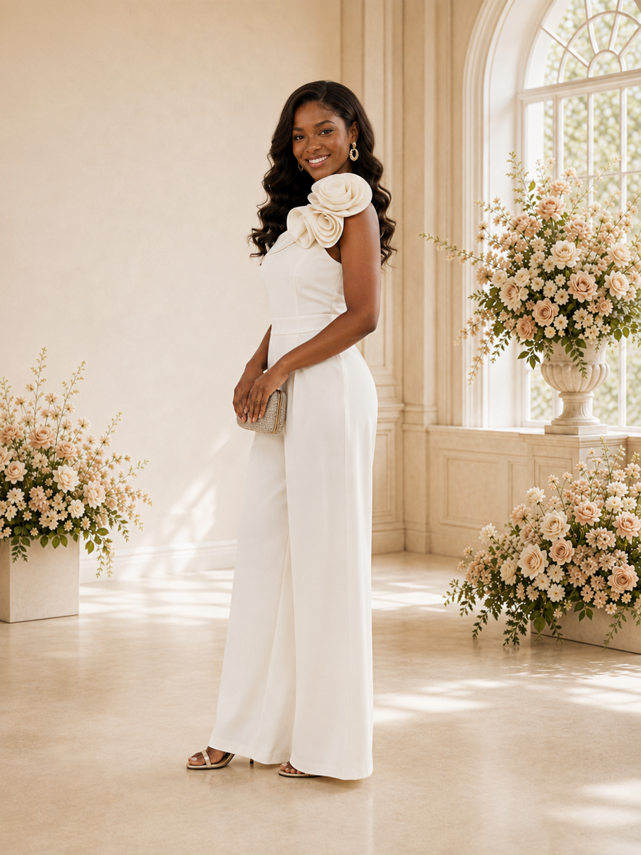ChicSew Modern Elegant One Shoulder Crepe Floor-Length Wedding Jumpsuit With Floral Applique