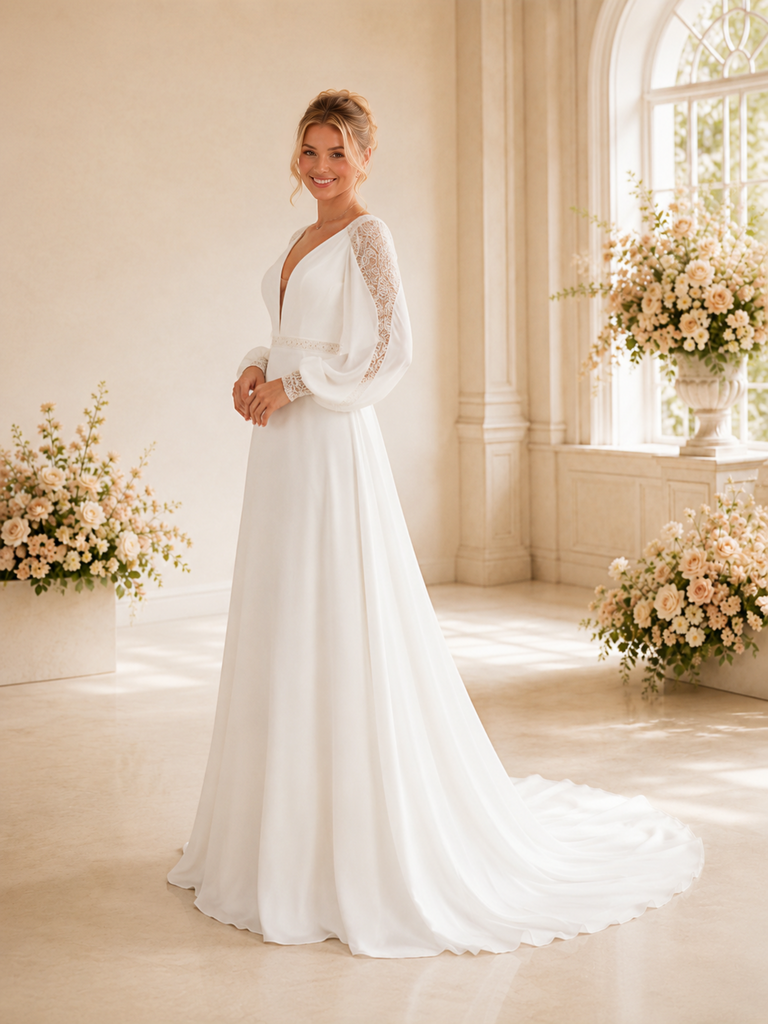 ChicSew Sexy A-Line Lace Chiffon Long Sleeves Deep V-Neck Long Wedding dresses