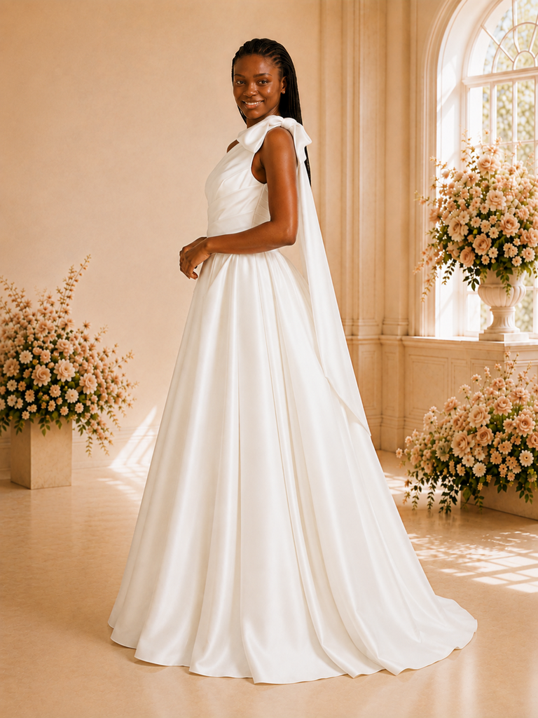 ChicSew Elegant One Shoulder A-Line Ruched Satin Maxi Long Wedding Dress With Bow