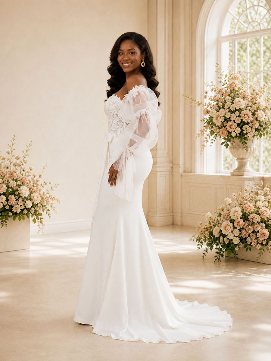 ChicSew Modern Sweetheart Crepe Mermaid Maxi Wedding Dress With Detachable Tulle Sleeves