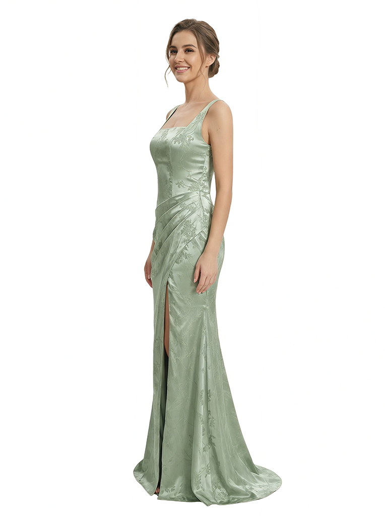 Elegant Jacquard Satin Spaghetti Straps Side Slit Mermaid Long Formal Evening Dresses