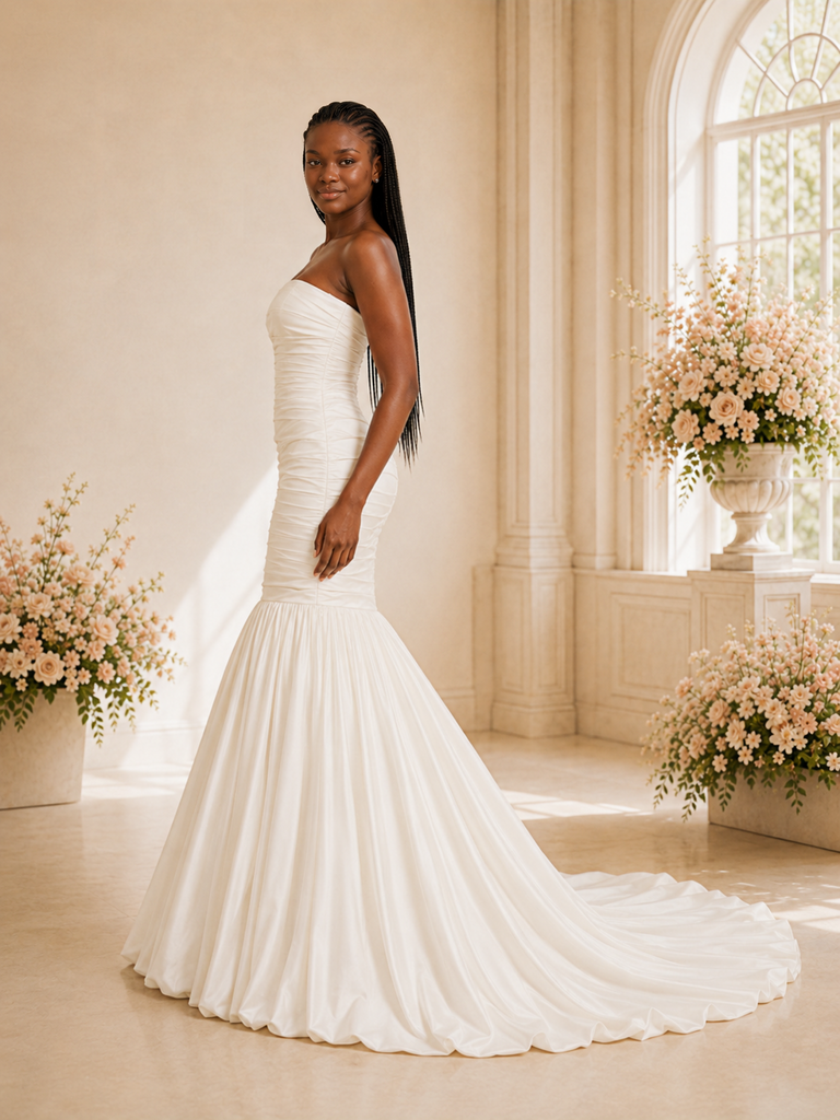 ChicSew Fancy Strapless Satin Mermaid Maxi Long Wedding Dress With Pleats