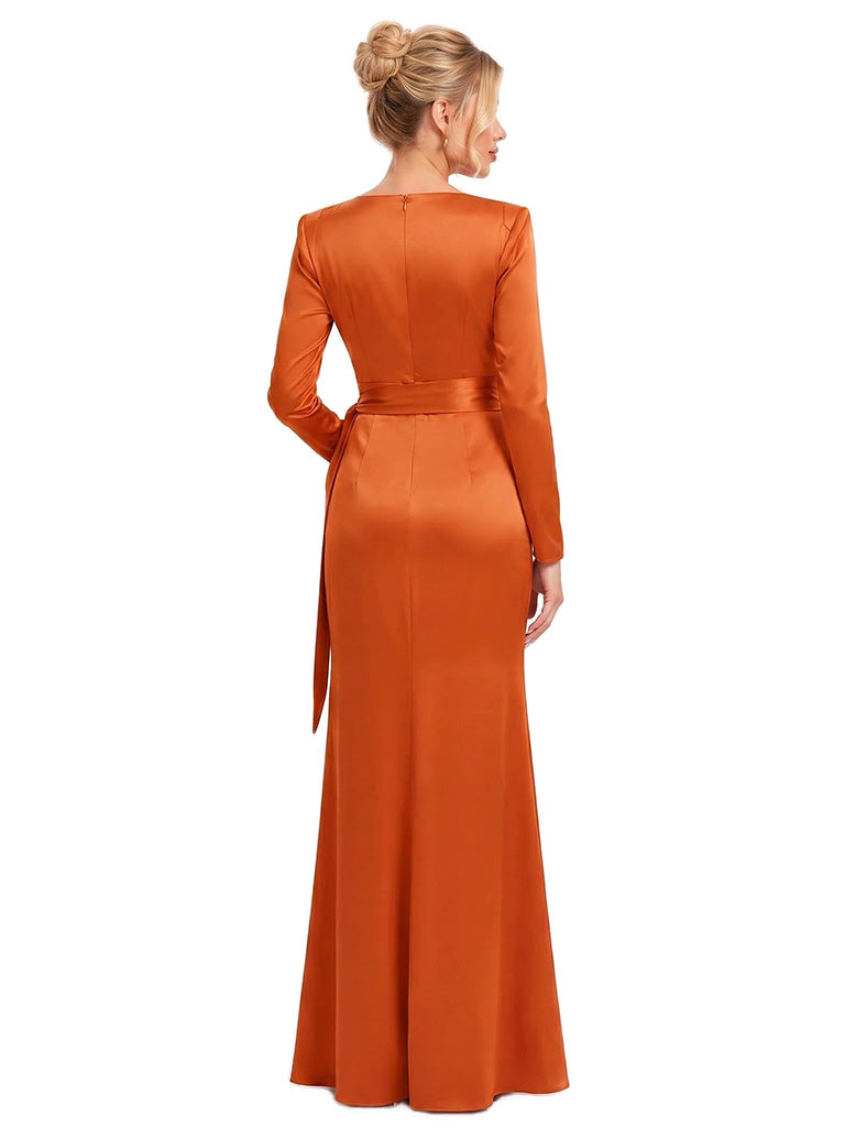 ChicSew Boat Neck Long Sleeve Soft Satin Mermaid Floor Length Bridesmaid Dress