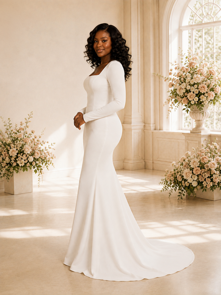 ChicSew Elegant Mermaid Square Neck Long Sleeves Crepe Maxi Wedding Dress