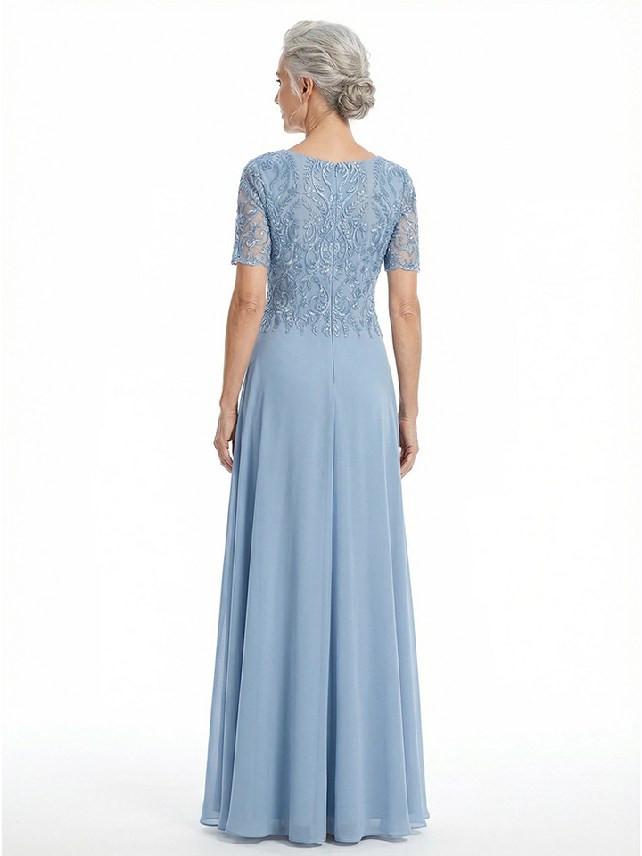 ChicSew Jewel Short Sleeve Lace Applique A-Line Floor Length Chiffon Mother Of The Bride Dress