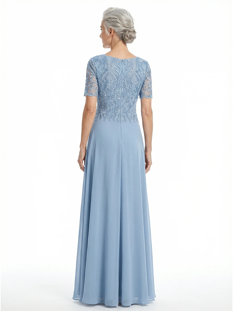 ChicSew Jewel Short Sleeve Lace Applique A-Line Floor Length Chiffon Dress